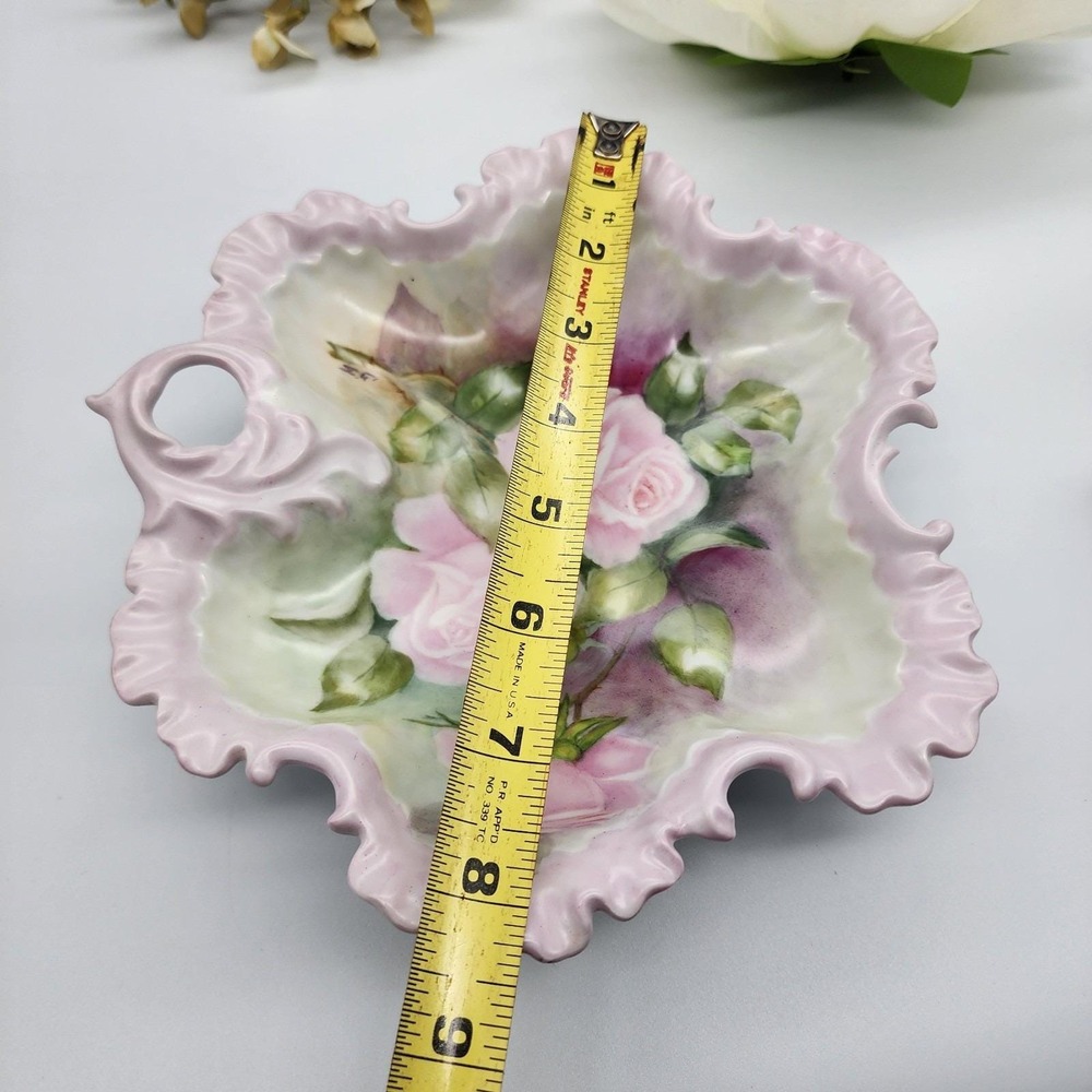 Beautiful Porcelain Hand Painted Victorian Roses Flowers Nappy Dish Pink Signed - Picture 7 of 11